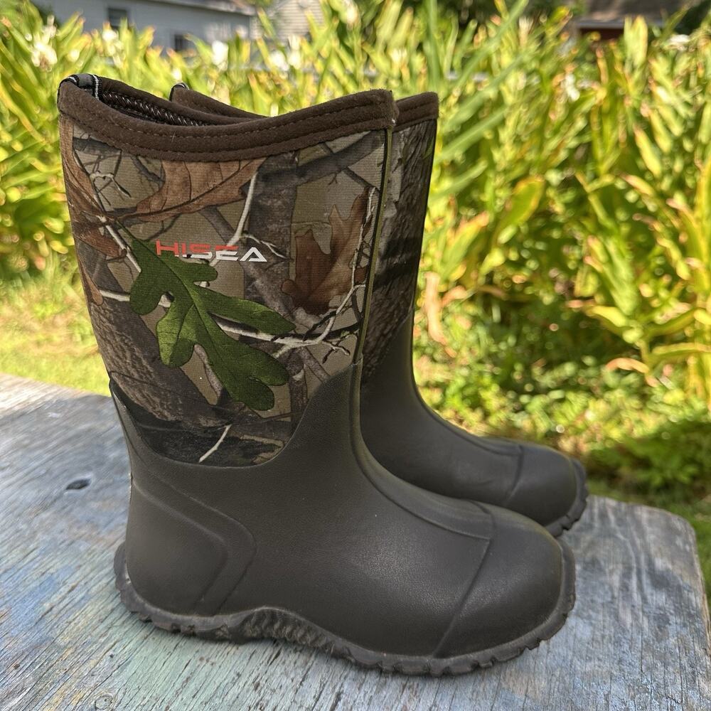 HISEA Kids 2 Camo Waterproof Rain Boot Non-Slip Mid-Calf Hunting Fishing Work